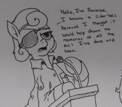 Size: 2048x1791 | Tagged: safe, artist:pony quarantine, imported from derpibooru, oc, oc only, oc:baroness, earth pony, pony, beret, eyepatch, female, grayscale, hat, lectern, mare, monochrome, podium, solo, traditional art