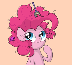 Size: 4608x4166 | Tagged: safe, artist:background basset, imported from derpibooru, pinkie pie, earth pony, pony, brush, bust, hairbrush, hairclip, looking back, looking up, messy mane, portrait, simple background, solo, thinking