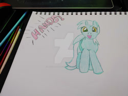 Size: 400x300 | Tagged: safe, artist:dougtheloremaster, imported from derpibooru, lyra heartstrings, pony, unicorn, cheirophilia, deviantart watermark, obtrusive watermark, pencil, pencil drawing, photo, sketchpad, traditional art, watermark