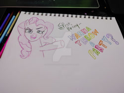 Size: 400x300 | Tagged: safe, artist:dougtheloremaster, imported from derpibooru, pinkie pie, earth pony, pony, breaking the fourth wall, deviantart watermark, obtrusive watermark, pencil, pencil drawing, photo, sketchpad, traditional art, watermark