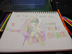 Size: 400x300 | Tagged: safe, artist:dougtheloremaster, imported from derpibooru, sunset shimmer, pony, unicorn, controller, deviantart watermark, gamer sunset, headset, obtrusive watermark, pencil, pencil drawing, photo, sketchpad, traditional art, watermark