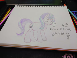 Size: 1280x960 | Tagged: safe, artist:dougtheloremaster, imported from derpibooru, part of a set, starlight glimmer, pony, unicorn, don't stop believing, eyes closed, journey (band), part of a series, pencil, pencil drawing, photo, s5 starlight, singing, sketchpad, song reference, traditional art