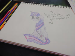 Size: 1280x960 | Tagged: safe, artist:dougtheloremaster, imported from derpibooru, part of a set, twilight sparkle, alicorn, pony, don't stop believing, floppy ears, journey, journey (band), music notes, part of a series, pencil, pencil drawing, photo, sad, singing, sketchpad, solo, song reference, traditional art, twilight sparkle (alicorn)
