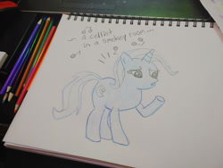 Size: 1280x960 | Tagged: safe, artist:dougtheloremaster, imported from derpibooru, part of a set, trixie, pony, unicorn, don't stop believing, journey, journey (band), part of a series, pencil, pencil drawing, photo, raised hoof, singing, sketchpad, song reference, traditional art