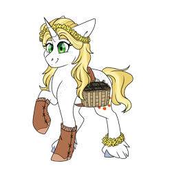 Size: 3000x3000 | Tagged: safe, artist:gingygin, imported from derpibooru, oc, oc only, oc:ambrosia apple, pony, unicorn, basket, female, floral head wreath, flower, freckles, high res, hoof boots, mare, offspring, parent:applejack, parent:prince blueblood, parents:bluejack, plant, raised hoof, shoulder freckles, simple background, solo, transparent background, unshorn fetlocks