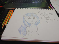 Size: 1280x960 | Tagged: safe, artist:dougtheloremaster, imported from derpibooru, part of a set, dj pon-3, vinyl scratch, pony, unicorn, don't stop believing, journey, journey (band), part of a series, pencil, pencil drawing, photo, singing, sketchpad, smiling, song reference, traditional art
