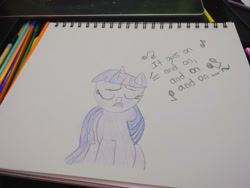 Size: 1280x960 | Tagged: safe, artist:dougtheloremaster, imported from derpibooru, part of a set, twilight sparkle, pony, don't stop believing, eyes closed, journey, journey (band), open mouth, part of a series, pencil, pencil drawing, photo, singing, sketchpad, song reference, traditional art