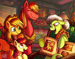 Size: 3732x2920 | Tagged: safe, artist:jowyb, artist:jowybean, imported from derpibooru, apple bloom, applejack, big macintosh, bright mac, granny smith, pear butter, earth pony, pony, acoustic guitar, apple, apple bloom's bow, apple family, bonnet, bow, chair, cottagecore, female, filly, food, guitar, hair bow, high res, horse collar, male, mare, musical instrument, photo, pigtails, scrapbook, stallion, yoke, young granny smith, younger