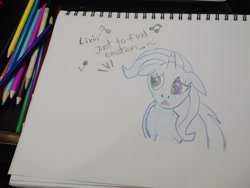 Size: 1280x960 | Tagged: safe, artist:dougtheloremaster, imported from derpibooru, part of a set, trixie, pony, unicorn, don't stop believing, floppy ears, journey, journey (band), part of a series, pencil, pencil drawing, photo, sad, singing, sketchpad, song reference, traditional art