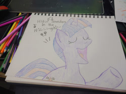 Size: 1280x960 | Tagged: safe, artist:dougtheloremaster, imported from derpibooru, part of a set, twilight sparkle, pony, unicorn, don't stop believing, eyes closed, journey, journey (band), open mouth, part of a series, pencil, pencil drawing, photo, raised hoof, singing, sketchpad, solo, song reference, traditional art