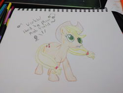 Size: 1280x960 | Tagged: safe, artist:dougtheloremaster, imported from derpibooru, part of a set, applejack, earth pony, pony, applejack's hat, cowboy hat, don't stop believing, eye, hat, journey, journey (band), part of a series, pencil, pencil drawing, photo, singing, sketchpad, song reference, traditional art