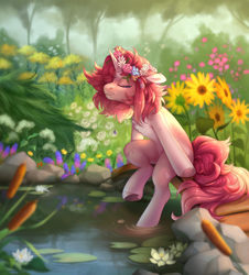 Size: 1900x2100 | Tagged: safe, artist:shady-bush, imported from derpibooru, oc, oc only, pony, unicorn, cattails, female, floral head wreath, flower, mare, reed, reeds, scenery, solo, sunflower