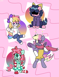 Size: 2931x3801 | Tagged: safe, artist:spritecranbirdie, imported from derpibooru, minty, starsong, toola roola, earth pony, pegasus, pony, bipedal, bow, clothes, covered eyes, cutie mark, dress, female, group, high res, hoodie, pants, skirt, socks, starry eyes, stockings, striped socks, sweater, thigh highs, tongue out, turtleneck, wingding eyes