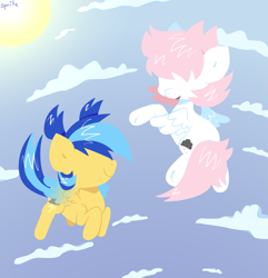 Size: 1667x1732 | Tagged: safe, artist:spritecranbirdie, imported from derpibooru, oc, oc only, oc:cotton, oc:volt, pegasus, pony, cloud, colored wings, cutie mark, duo, female, filly, flying, gradient wings, sky, sun, two toned mane, two toned tail, wings