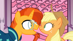 Size: 1366x768 | Tagged: safe, imported from derpibooru, screencap, applejack, sunburst, earth pony, pony, unicorn, shadow play, blaze (coat marking), boop, cloak, clothes, coat markings, excited, facial markings, female, glasses, male, mare, nose wrinkle, noseboop, robe, stallion, sunburst's cloak, sunburst's glasses