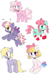 Size: 2162x2955 | Tagged: safe, artist:spritecranbirdie, imported from derpibooru, daisyjo, derpy hooves, minty, pinkie pie, pinkie pie (g3), starsong, toola roola, earth pony, pegasus, pony, alternate cutie mark, alternate design, alternate hairstyle, clothes, cutie mark, female, flower, group, hairclip, high res, mane five, redesign, simple background, socks, stockings, striped socks, thigh highs, tongue out, two toned mane, white background