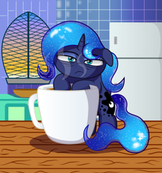 Size: 1172x1250 | Tagged: safe, artist:spellboundcanvas, imported from derpibooru, princess luna, alicorn, pony, bags under eyes, coffee, coffee mug, eyes closed, female, floppy ears, mare, micro, morning, mug, nebula, royalty, sleepy, solo, stars, steam, table, tired, window