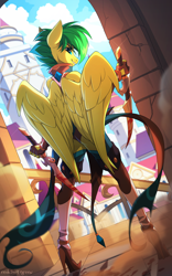 Size: 2000x3195 | Tagged: safe, artist:redchetgreen, imported from derpibooru, oc, oc only, oc:evergreen feathersong, anthro, pegasus, dual wield, high res, pegasus oc, solo, sword, weapon, wings