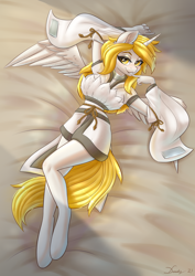 Size: 2480x3508 | Tagged: safe, artist:dandy, imported from derpibooru, oc, oc only, oc:star nai, alicorn, anthro, unguligrade anthro, alicorn oc, bed, bedroom eyes, breasts, clothes, commission, eyeshadow, female, from above, grin, hand, high res, horn, looking at you, lying down, makeup, smiling, solo, solo female, wings
