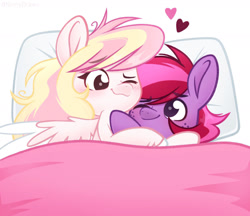 Size: 1652x1426 | Tagged: safe, artist:ninnydraws, imported from derpibooru, oc, oc only, oc:jelly, oc:ninny, earth pony, pegasus, pony, bed, colt, couple, cuddling, female, freckles, hug, looking at each other, male, mare