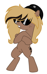 Size: 642x1000 | Tagged: safe, artist:rochelle2014, imported from derpibooru, oc, oc only, oc:rochelle, earth pony, pony, base used, bipedal, ear piercing, earring, earth pony oc, female, freckles, hat, jewelry, mare, piercing, simple background, solo, sunglasses, swag, white background