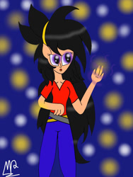 Size: 960x1280 | Tagged: safe, artist:mudmee-thai, imported from derpibooru, oc, oc only, equestria girls, abstract background, clothes, equestria girls-ified, female, glowing hands, pants, signature, solo