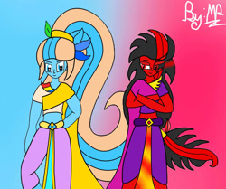 Size: 1196x1000 | Tagged: safe, alternate version, artist:mudmee-thai, imported from derpibooru, oc, oc only, equestria girls, abstract background, clothes, crossed arms, duo, equestria girls-ified, female, pants, signature, smiling, sombra eyes