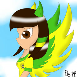 Size: 1280x1280 | Tagged: safe, artist:mudmee-thai, imported from derpibooru, oc, oc only, equestria girls, abstract background, bust, clothes, equestria girls-ified, female, ponied up, signature, solo, wings