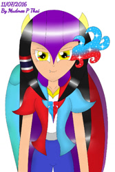 Size: 854x1280 | Tagged: safe, artist:mudmee-thai, imported from derpibooru, oc, oc only, equestria girls, abstract background, clothes, equestria girls-ified, female, pants, signature, smiling, solo, sombra eyes, wings
