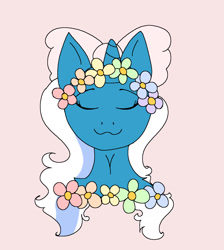 Size: 1254x1398 | Tagged: safe, artist:cloudycrystals, imported from derpibooru, oc, oc:fleurbelle, alicorn, :3, alicorn oc, bow, eyes closed, female, flower, flower in hair, hair bow, horn, mare, wings