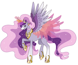 Size: 6449x5409 | Tagged: safe, artist:smilesupsidedown, imported from derpibooru, princess celestia, princess luna, alicorn, pony, artificial wings, augmented, ethereal mane, female, fusion, glowing horn, hoof shoes, horn, jewelry, magic, magic wings, mare, multiple horns, peytral, raised hoof, simple background, solo, starry mane, tiara, transparent background, wings