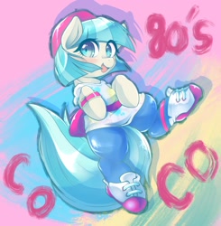Size: 2004x2048 | Tagged: safe, artist:kurogewapony, imported from derpibooru, coco pommel, earth pony, pony, 80s, blushing, clothes, coco bandicoot, cocobetes, cosplay, costume, crash bandicoot, crash bandicoot (series), cute, female, high res, looking at you, mare, name pun, namesake, pun, smiling, solo, visual pun