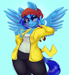 Size: 1280x1394 | Tagged: safe, artist:pastelperyton, artist:physisinwonderland, imported from derpibooru, oc, oc only, anthro, pegasus, pikachu, ;p, breasts, cleavage, clothes, ear piercing, hoodie, looking at you, one eye closed, peace sign, piercing, pokémon, solo, tongue out, wink