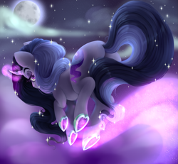 Size: 1833x1697 | Tagged: safe, artist:pastelperyton, artist:physisinwonderland, imported from derpibooru, oc, oc only, oc:misty night, pony, unicorn, bedroom eyes, butt, eyelashes, female, full moon, glowing, glowing horn, heart, hoof heart, horn, levitation, looking back, magic, mare, moon, night, plot, self-levitation, solo, stars, telekinesis, underhoof