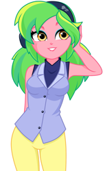 Size: 851x1368 | Tagged: safe, artist:rosemile mulberry, imported from derpibooru, lemon zest, equestria girls, breasts, busty lemon zest, button, clothes, dress shirt, female, headphones, looking at you, pants, raised arm, raised eyebrow, shirt, simple background, sleeveless, smiling, smiling at you, solo, white background