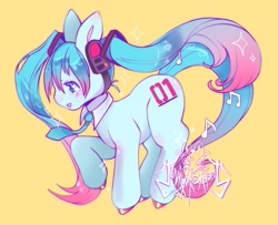 Size: 2048x1662 | Tagged: safe, artist:junkyardrabbit, imported from derpibooru, kotobukiya, earth pony, pony, anime, hatsune miku, headphones, kotobukiya hatsune miku pony, necktie, open mouth, ponified, simple background, solo, vocaloid, yellow background