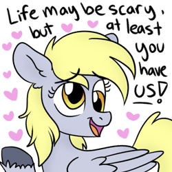 Size: 1000x1000 | Tagged: safe, artist:pink-pone, imported from derpibooru, derpy hooves, pegasus, pony, cute, derpabetes, dialogue, encouraging, heart, open mouth, positive ponies, solo, talking to viewer, truth, unshorn fetlocks