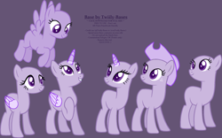 Size: 2145x1335 | Tagged: safe, artist:shiibases, imported from derpibooru, oc, oc only, alicorn, earth pony, pegasus, unicorn, alicorn oc, bald, base, earth pony oc, eyelashes, female, flying, grin, group, hat, hoof on chest, horn, looking back, looking up, mare, pegasus oc, purple background, raised hoof, simple background, smiling, unicorn oc, wings