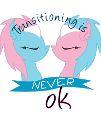Size: 526x629 | Tagged: safe, artist:lionsca, edit, aloe, lotus blossom, earth pony, pony, bust, duo, duo female, eyes closed, female, mare, mouthpiece, portrait, simple background, text, text edit, transgender, transparent background, unofficial edits thread