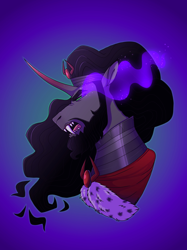 Size: 1280x1707 | Tagged: artist needed, source needed, safe, imported from derpibooru, king sombra, umbrum, unicorn, beard, bust, cape, clothes, curved horn, facial hair, fangs, horn, jewelry, male, regalia, simple background, solo, sombra eyes