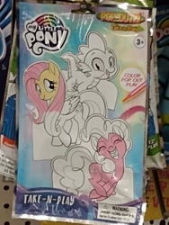 Size: 3120x4160 | Tagged: safe, imported from ponybooru, fluttershy, pinkie pie, spike, dragon, earth pony, pegasus, pony, colored, irl, merchandise, my little pony logo, package, photo, pop out! take-n-play, warning