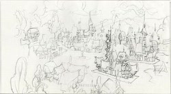 Size: 383x210 | Tagged: safe, artist:davedunnet, imported from derpibooru, the art of equestria, concept art, monochrome, official art, pencil drawing, ponyville, sketch, traditional art