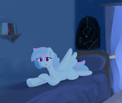 Size: 2560x2165 | Tagged: safe, artist:barhandar, imported from ponybooru, oc, oc only, oc:starburn, original species, pegasus, plush pony, pony, bed, book, constellation, female, lineless, looking at you, mare, missing cutie mark, night, plushie, smiling, solo, spread wings, wings