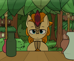 Size: 2256x1857 | Tagged: safe, artist:alexi148, imported from ponybooru, autumn afternoon, kirin, bush, cloven hooves, kirin village, leaves, looking at you, male, scenery, solo, store, tree, vase