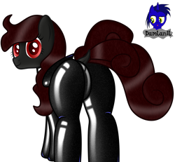 Size: 4154x3840 | Tagged: safe, alternate version, artist:damlanil, imported from derpibooru, oc, oc:nightshade, pegasus, pony, butt, catsuit, clothes, commission, female, latex, latex suit, looking at you, mare, rubber, shiny, shiny mane, show accurate, suit, vector, wings