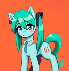 Size: 1500x1543 | Tagged: safe, artist:mrscroup, imported from derpibooru, kotobukiya, earth pony, pony, anime, blush sticker, blushing, female, hatsune miku, kotobukiya hatsune miku pony, looking at you, necktie, orange background, pigtails, ponified, simple background, solo, vocaloid