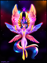 Size: 2100x2800 | Tagged: safe, artist:derpsonhooves, imported from derpibooru, twilight sparkle, alicorn, pony, seraph, seraphicorn, colored wings, digital art, element of generosity, element of honesty, element of kindness, element of laughter, element of loyalty, element of magic, elements of harmony, female, glowing eyes, gradient wings, high res, mare, multicolored wings, multiple wings, rainbow wings, solo, twilight sparkle (alicorn), wings
