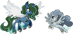Size: 5156x2430 | Tagged: safe, artist:smilesupsidedown, imported from derpibooru, oc, oc only, alicorn, pony, alicorn oc, duo, ear piercing, earring, eyelashes, female, flying, hoof shoes, horn, jewelry, looking back, mare, peytral, piercing, simple background, smiling, tattoo, transparent background, wings