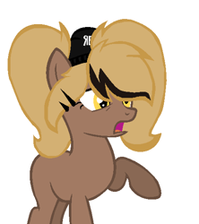 Size: 494x556 | Tagged: safe, artist:rochelle2014, imported from derpibooru, oc, oc only, oc:rochelle, earth pony, pony, base used, earth pony oc, female, hat, mare, no tail, open mouth, raised hoof, shocked, simple background, solo, white background