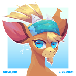 Size: 2160x2160 | Tagged: safe, artist:nifaumo, imported from derpibooru, shanty (tfh), velvet reindeer, goat, them's fightin' herds, alternate color palette, bandana, community related, female, gradient background, high res, looking at you, rectangular pupil, simple background, solo, velvet (tfh), white background